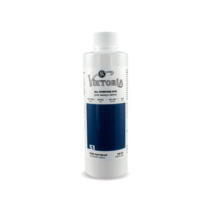 Viktoria all-purpose dark denim blue fabric dye bottle for cotton, wool, silk, linen, viscose, bamboo, and nylon, 225ml